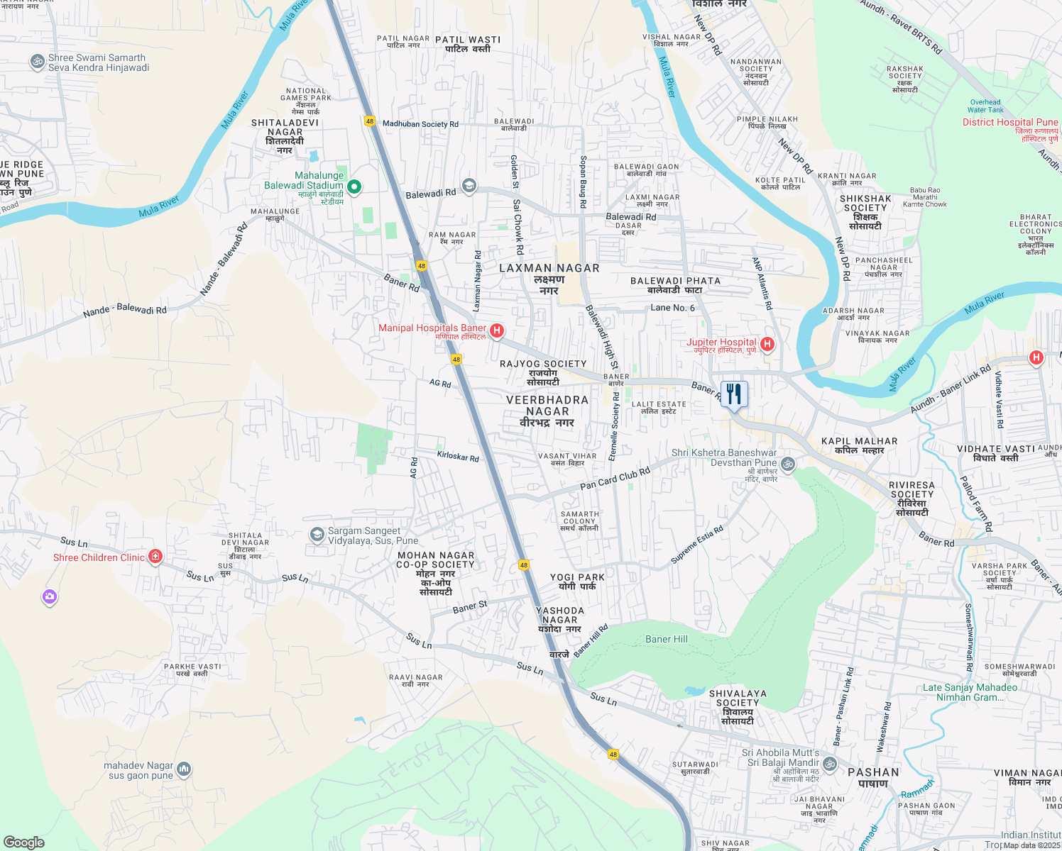 map of restaurants, bars, coffee shops, grocery stores, and more near Baner Mahalunge Road in Pune
