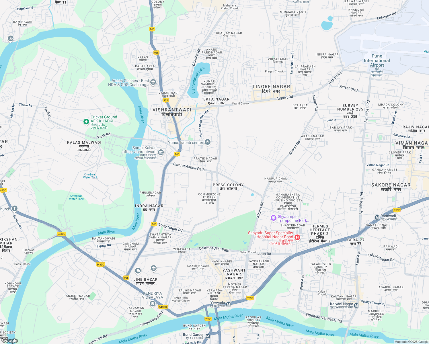 map of restaurants, bars, coffee shops, grocery stores, and more near Yerwada Samrat Ashok Path in Pune