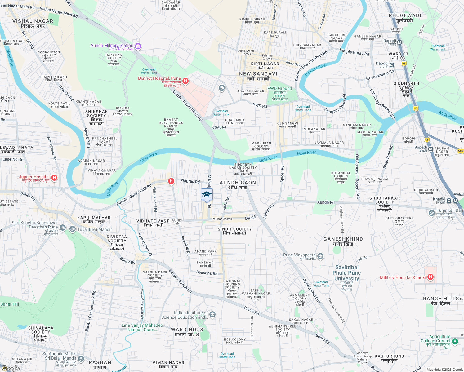 map of restaurants, bars, coffee shops, grocery stores, and more near 25 AIMS Road in Pune