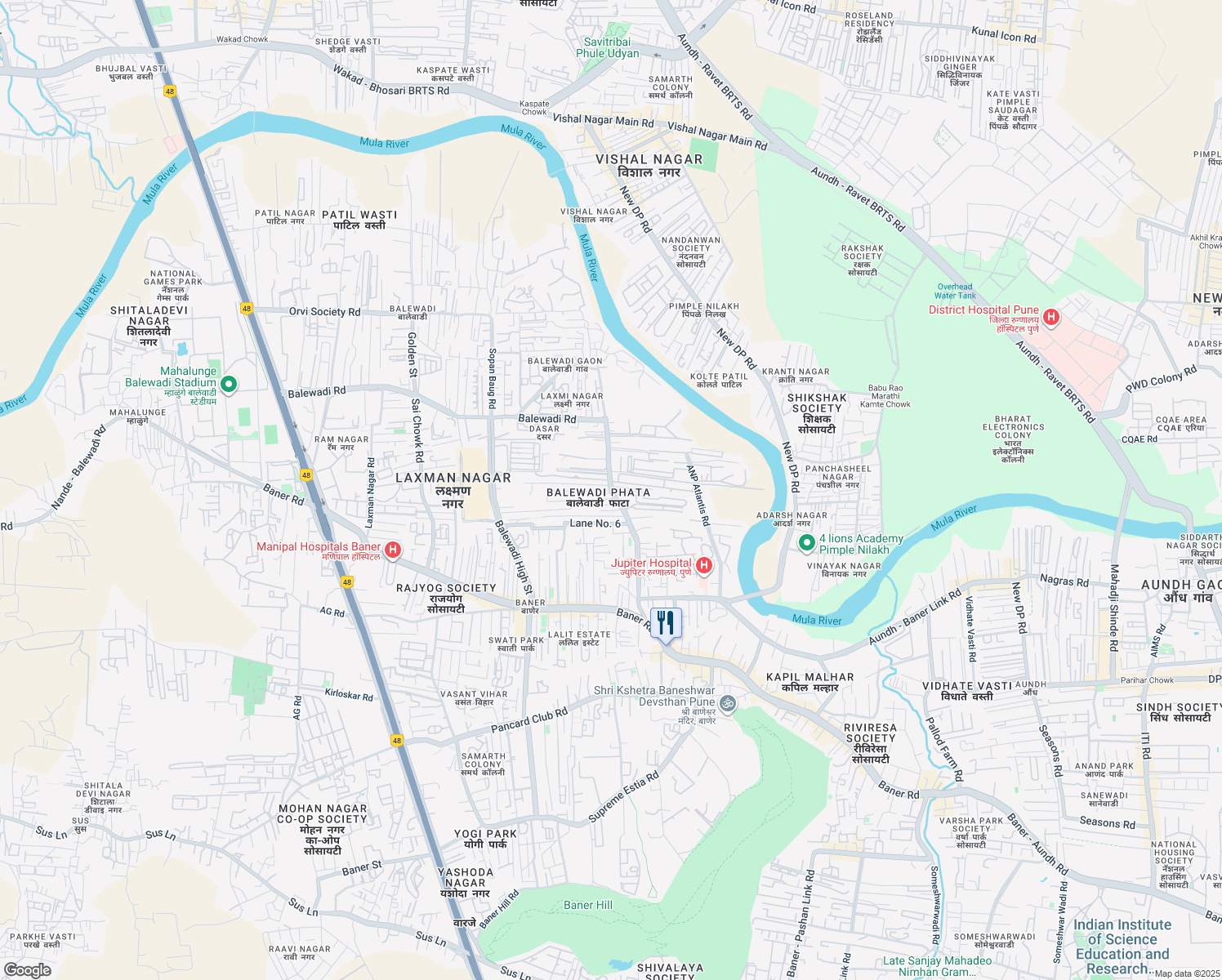 map of restaurants, bars, coffee shops, grocery stores, and more near Baner - Balewadi Road in Pune
