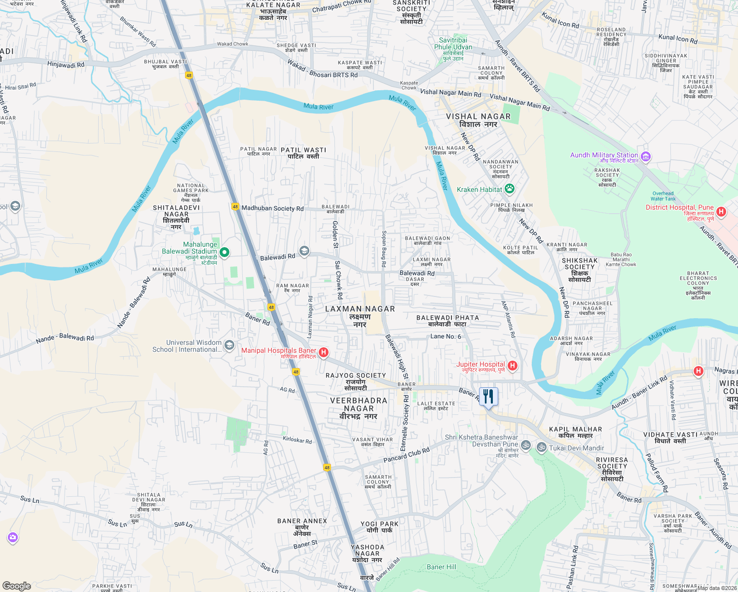 map of restaurants, bars, coffee shops, grocery stores, and more near 20 Balewadi High Street in Pune