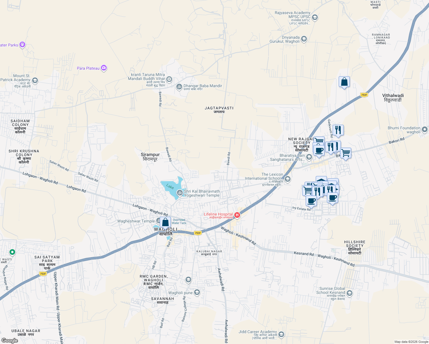 map of restaurants, bars, coffee shops, grocery stores, and more near Nagar Road in Pune