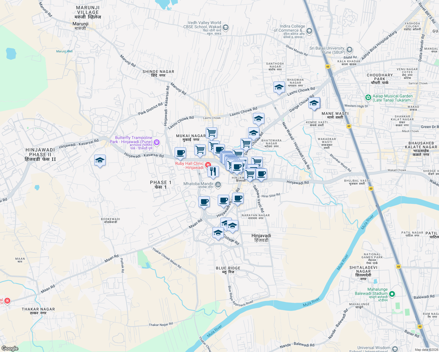 map of restaurants, bars, coffee shops, grocery stores, and more near Hinjawadi Phase 2 Road in Pimpri-Chinchwad