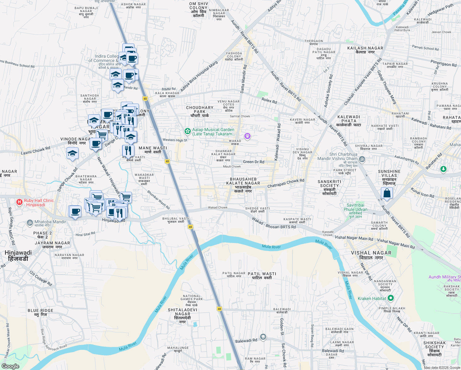 map of restaurants, bars, coffee shops, grocery stores, and more near Wakad Chowk Road in Pimpri-Chinchwad