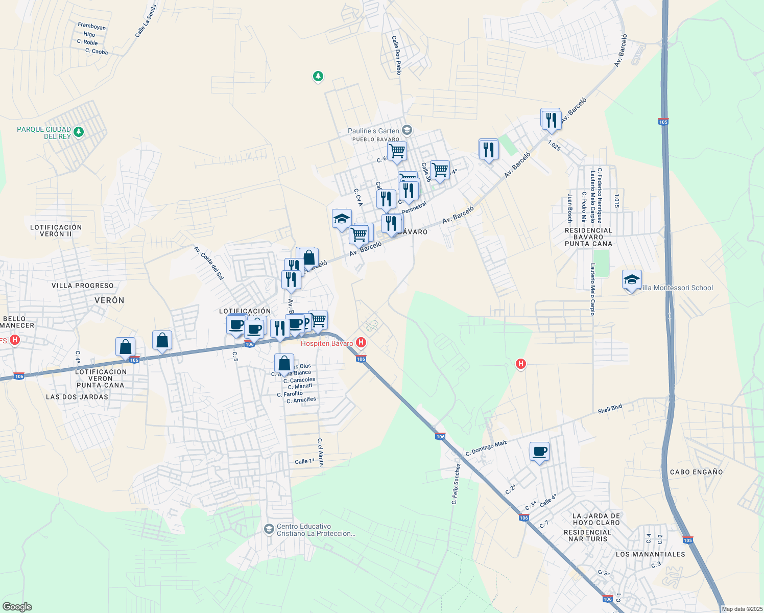 map of restaurants, bars, coffee shops, grocery stores, and more near Serena Village in Punta Cana