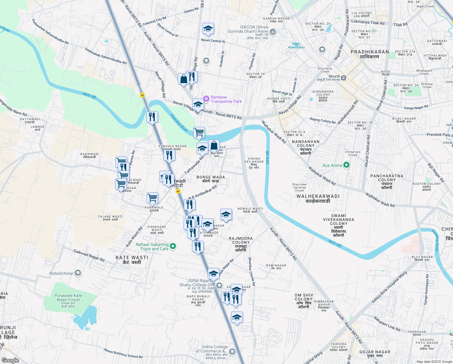 map of restaurants, bars, coffee shops, grocery stores, and more near 7 Plumeria Drive Street in Pimpri-Chinchwad