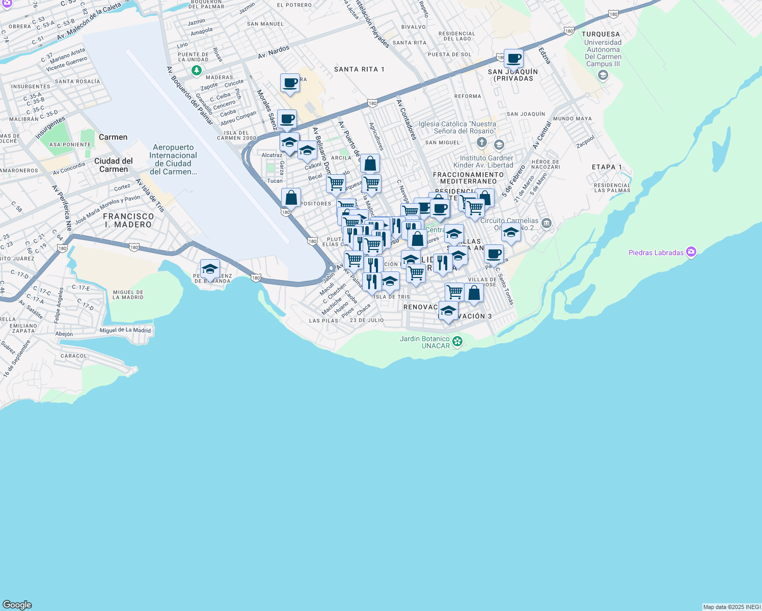 map of restaurants, bars, coffee shops, grocery stores, and more near Playa Bahamita in Ciudad del Carmen