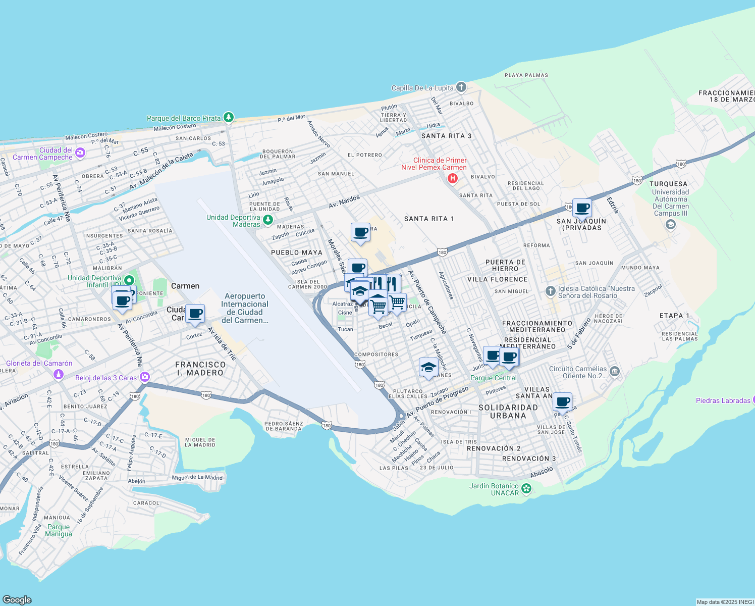 map of restaurants, bars, coffee shops, grocery stores, and more near 38 Quintana Roo in Ciudad del Carmen