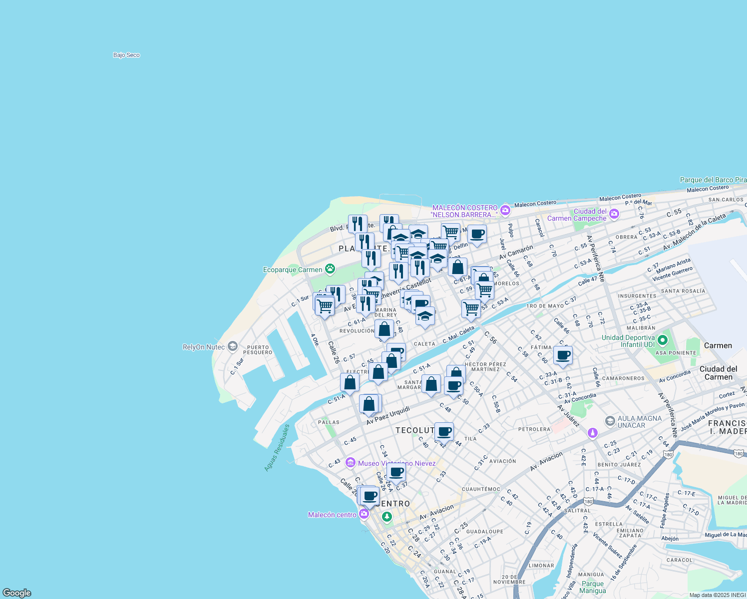 map of restaurants, bars, coffee shops, grocery stores, and more near Avenida Eugenio Echeverría Castellot in Ciudad del Carmen