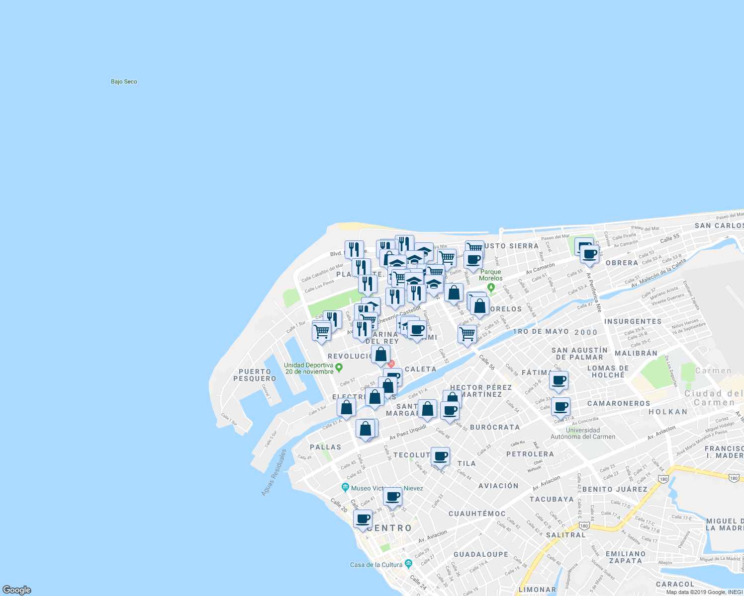 map of restaurants, bars, coffee shops, grocery stores, and more near Calle 67 in Ciudad del Carmen