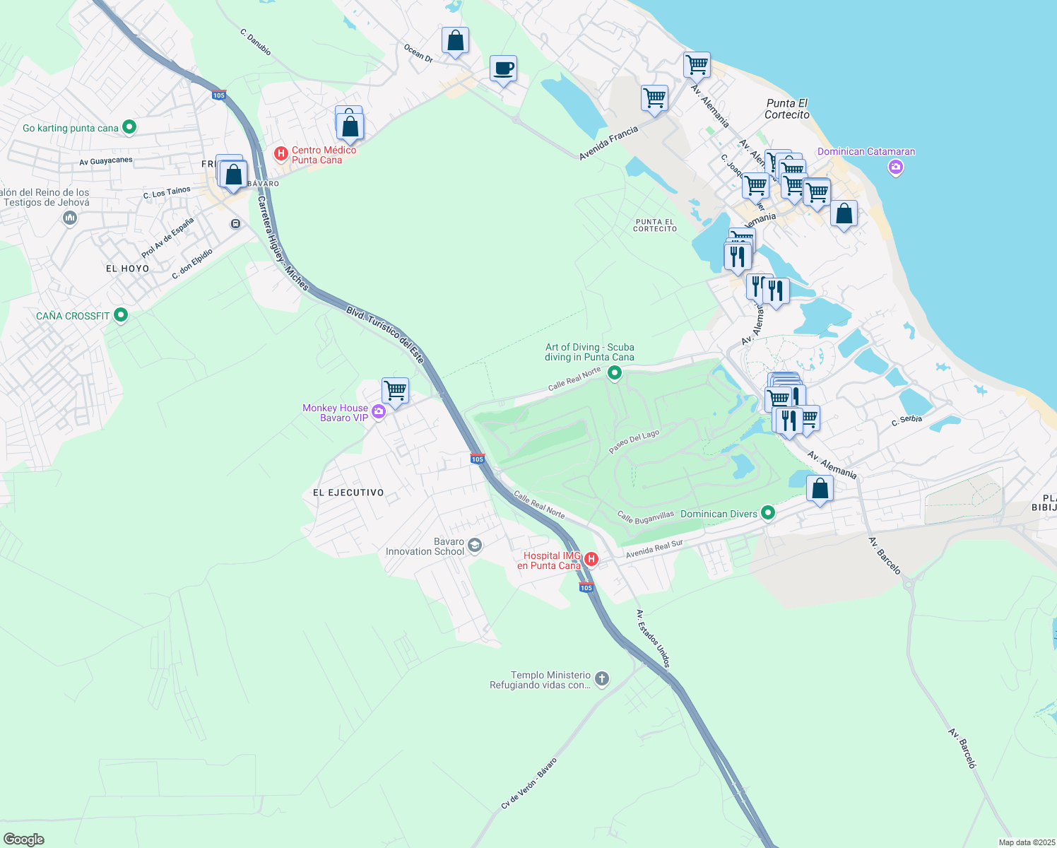 map of restaurants, bars, coffee shops, grocery stores, and more near 450 Calle Las Brisas in Punta Cana