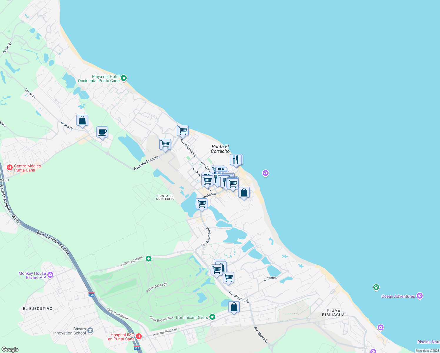map of restaurants, bars, coffee shops, grocery stores, and more near Calle Marcio Maggiolo in Punta Cana