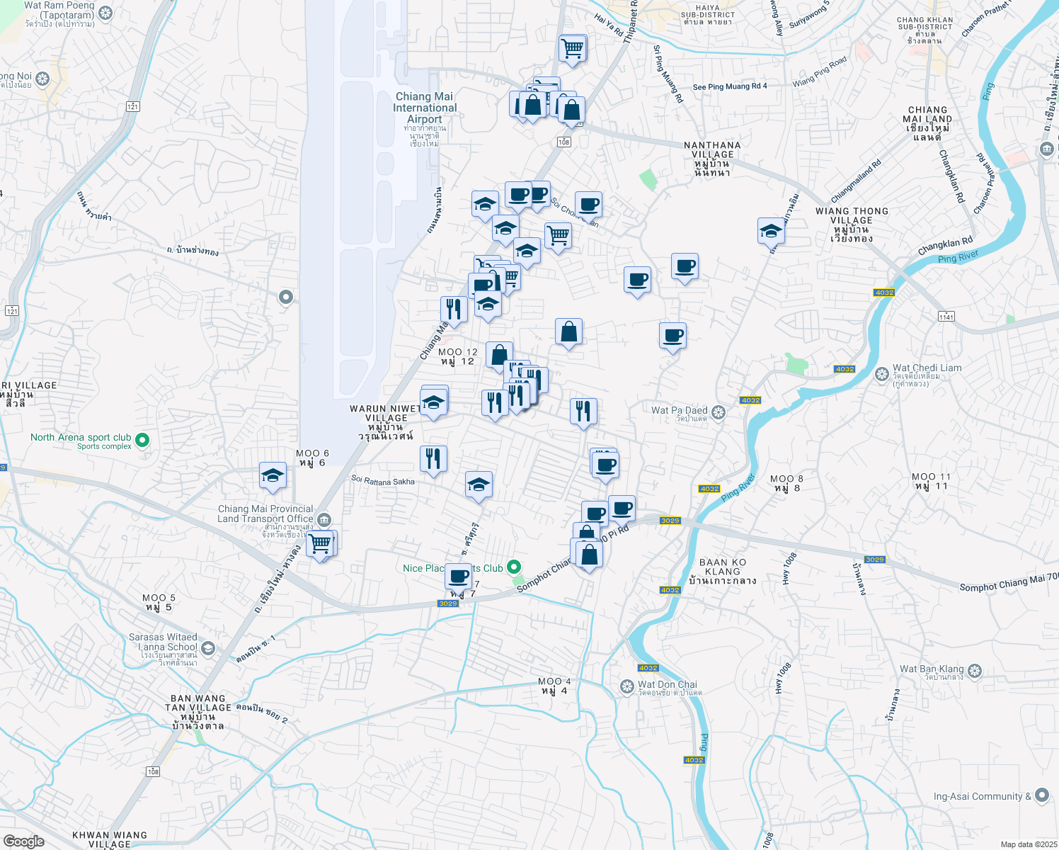 map of restaurants, bars, coffee shops, grocery stores, and more near บ้านร้องเรือคำ ซอย 23 in Tambon Pa Daet