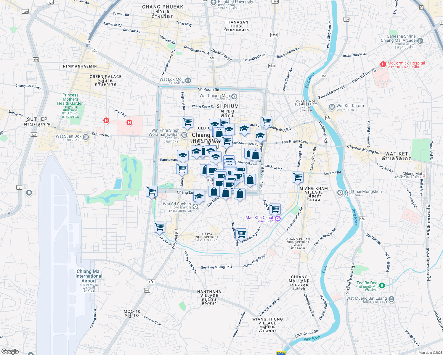 map of restaurants, bars, coffee shops, grocery stores, and more near Phra Pok Klao Road Soi 4 in Amphoe Mueang Chiang Mai