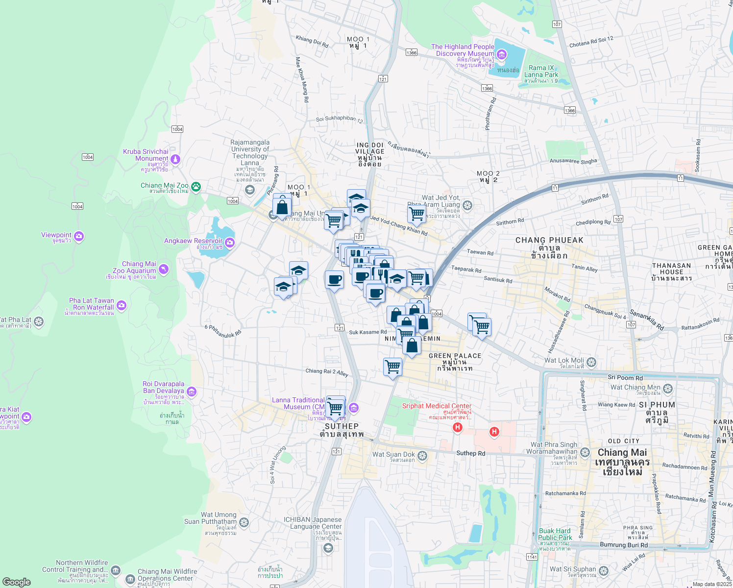 map of restaurants, bars, coffee shops, grocery stores, and more near Huay Kaew Soi 2 in Amphoe Mueang Chiang Mai