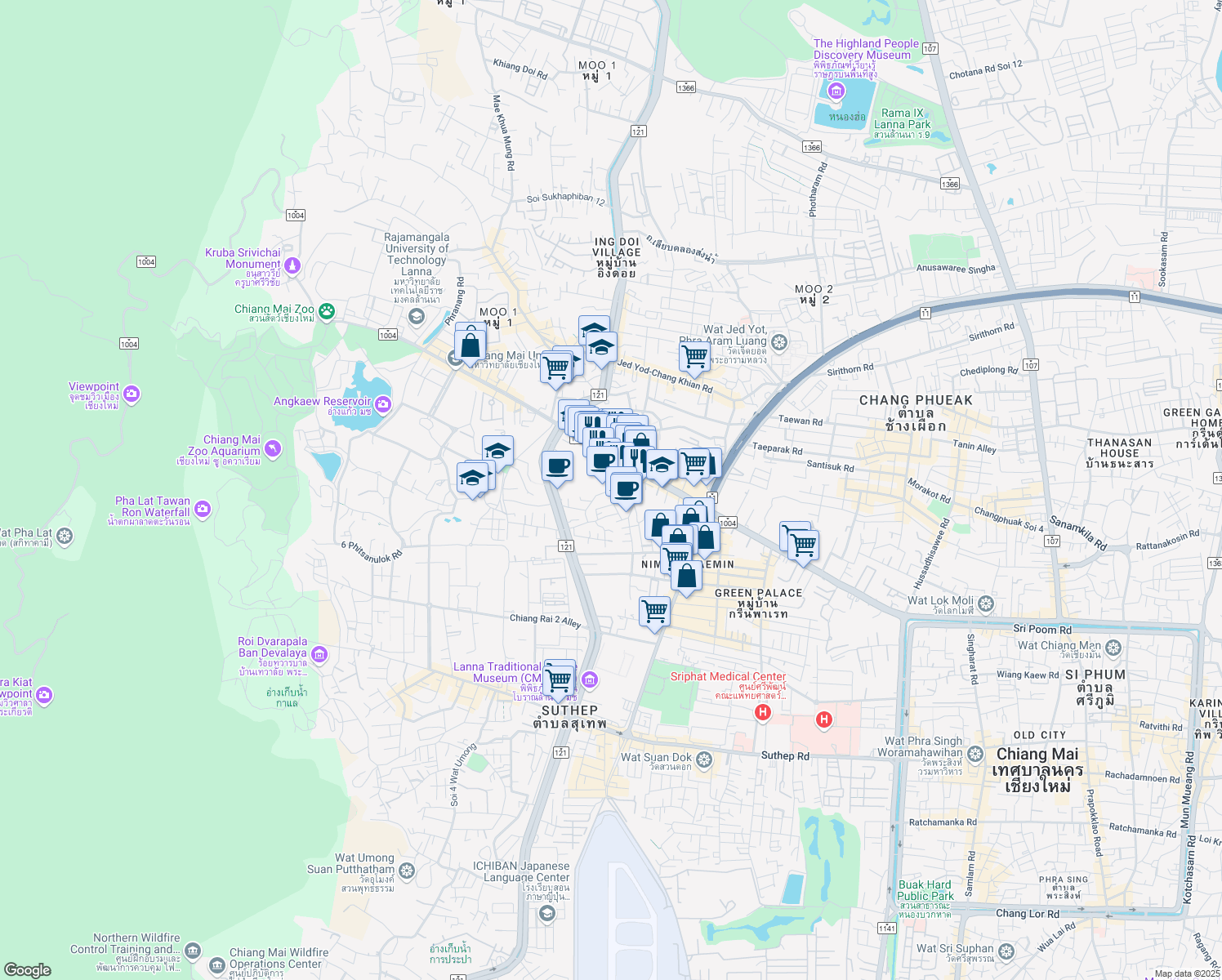 map of restaurants, bars, coffee shops, grocery stores, and more near Huay Kaew Soi 2 in Amphoe Mueang Chiang Mai