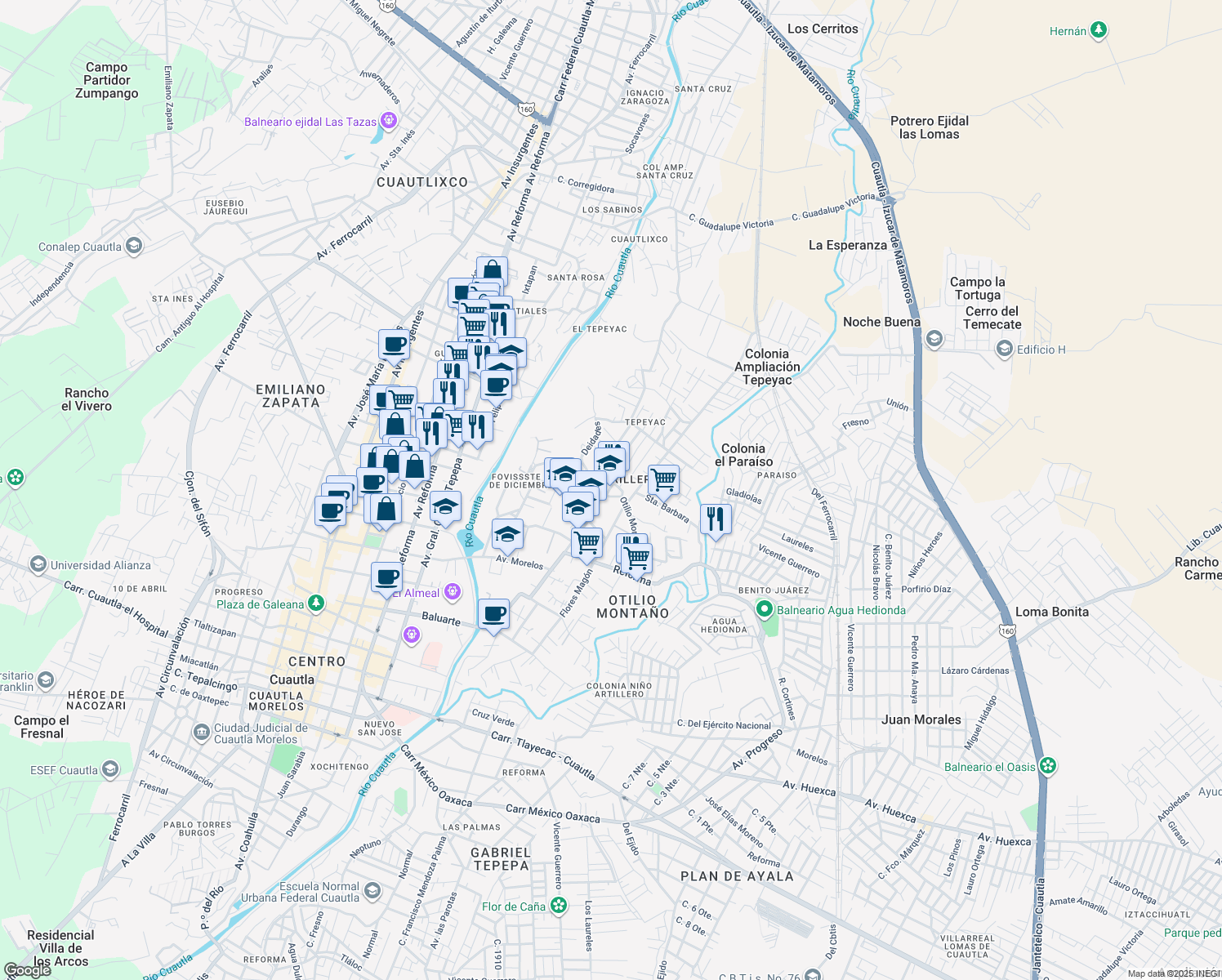 map of restaurants, bars, coffee shops, grocery stores, and more near 16 Calle 2 Norte in Cuautla