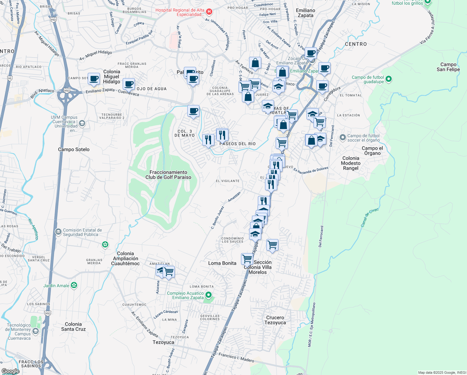 map of restaurants, bars, coffee shops, grocery stores, and more near De La Cruz in Emiliano Zapata