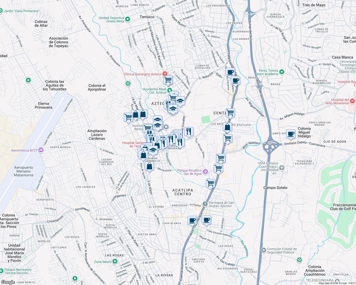 map of restaurants, bars, coffee shops, grocery stores, and more near 23 Plutarco Elías Calles in Temixco