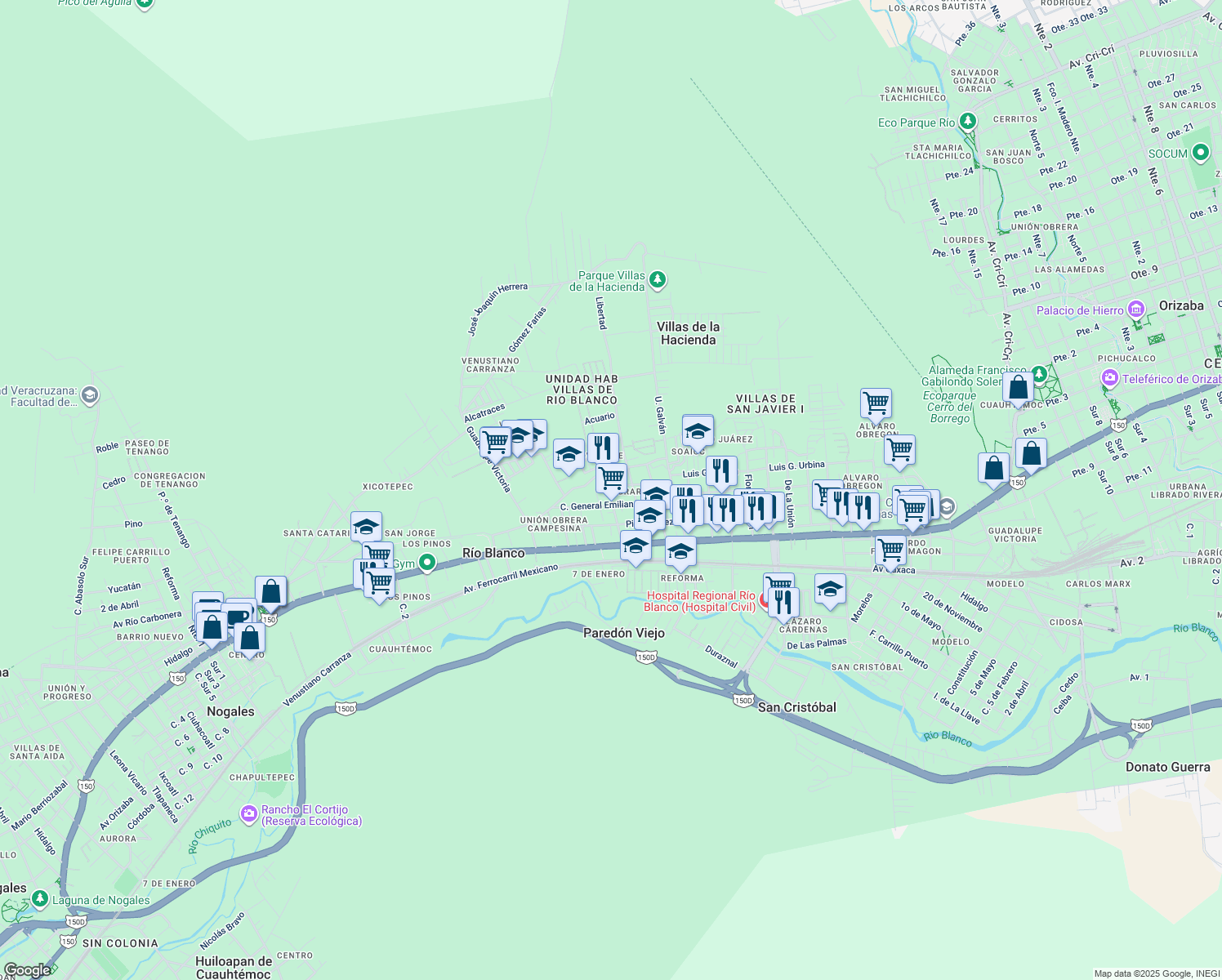 map of restaurants, bars, coffee shops, grocery stores, and more near 59 Orizaba in Río Blanco