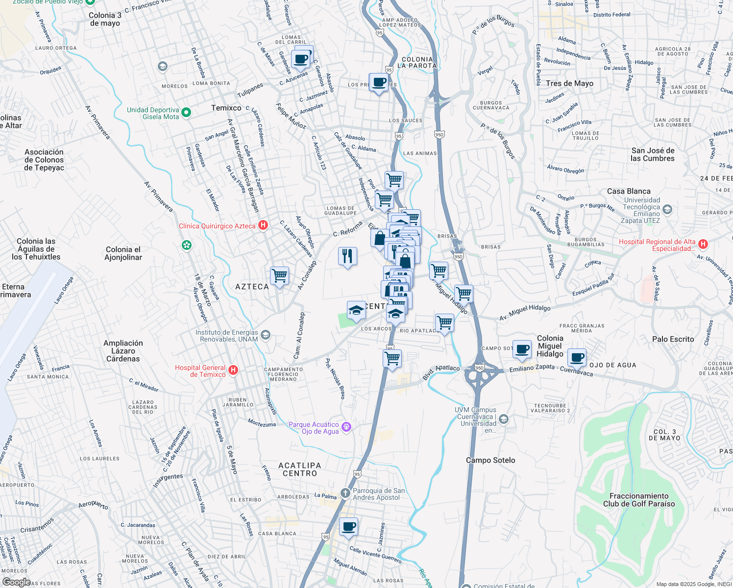 map of restaurants, bars, coffee shops, grocery stores, and more near Encamisadero in Temixco