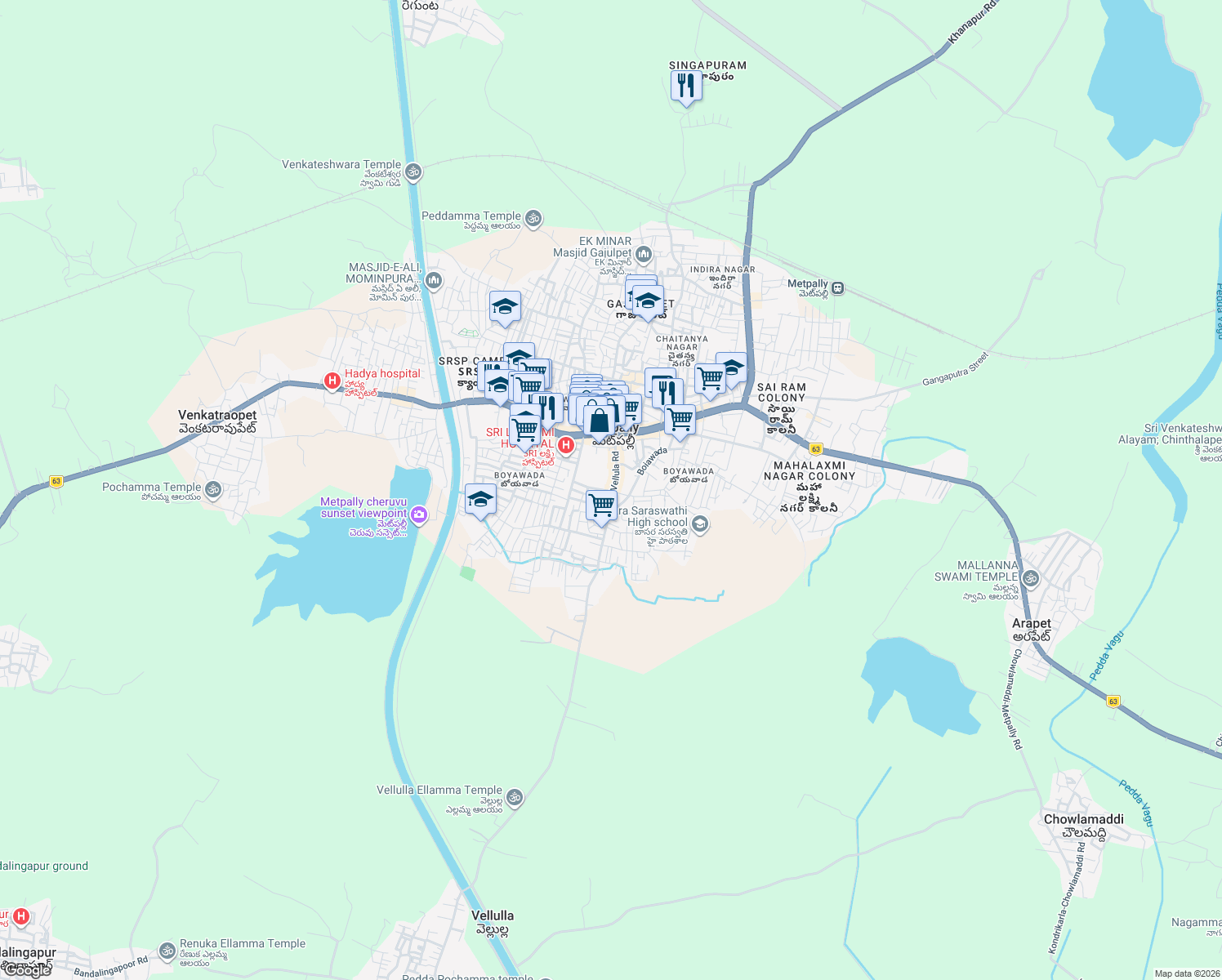 map of restaurants, bars, coffee shops, grocery stores, and more near Vellula Road in Metpally