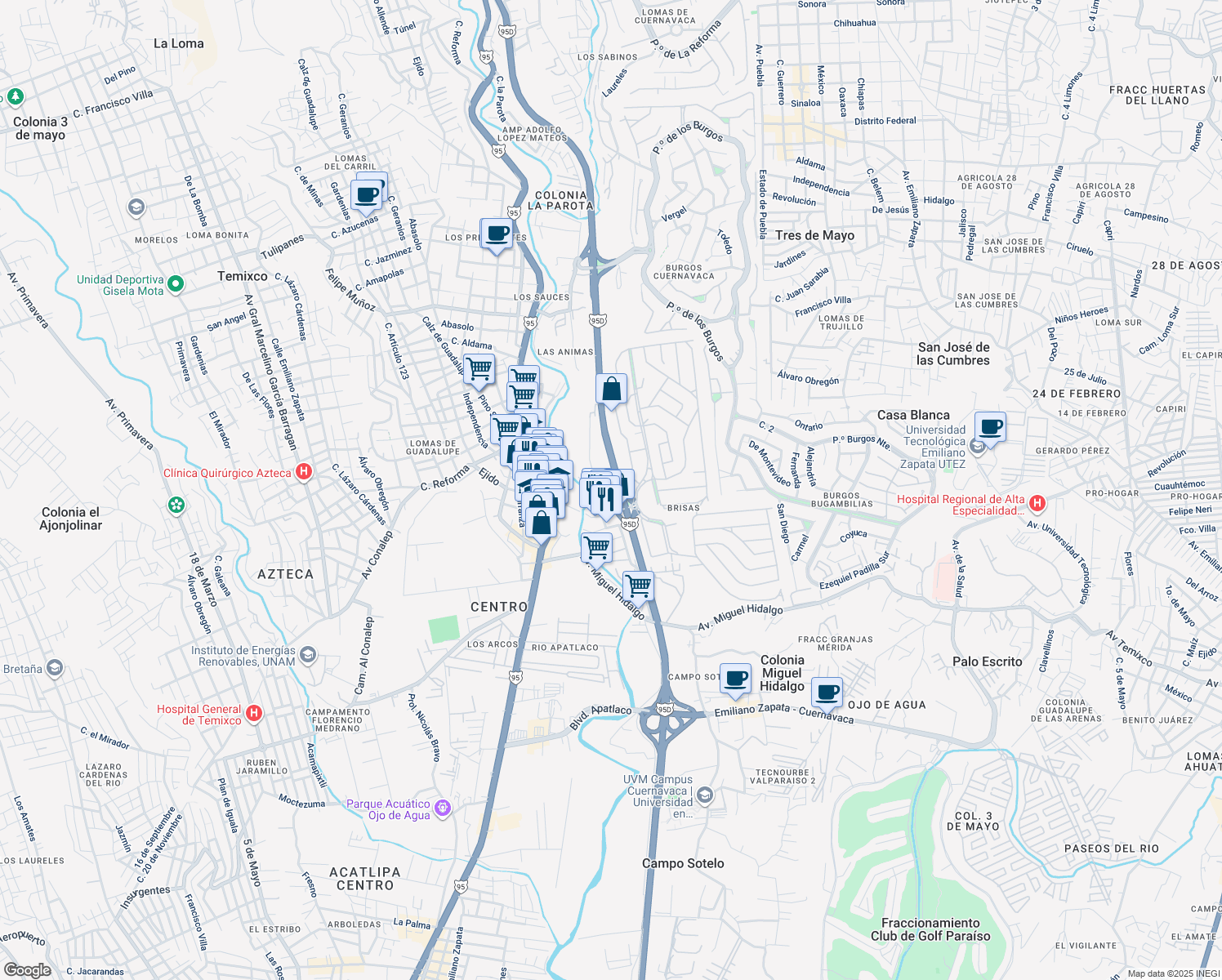 map of restaurants, bars, coffee shops, grocery stores, and more near in Temixco