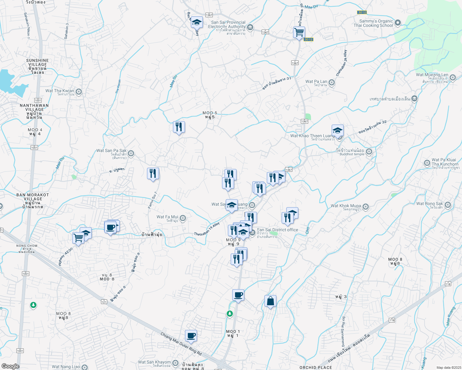 map of restaurants, bars, coffee shops, grocery stores, and more near สันทรายหลวง ซอย 5 in Tambon San Sai Luang