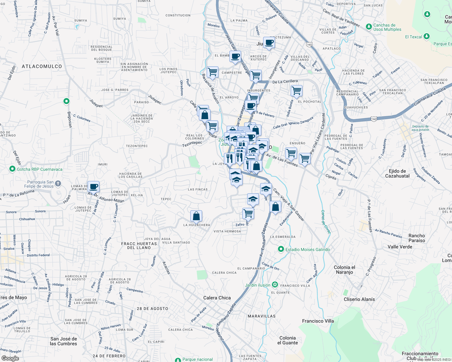 map of restaurants, bars, coffee shops, grocery stores, and more near 3 La Joya in Jiutepec