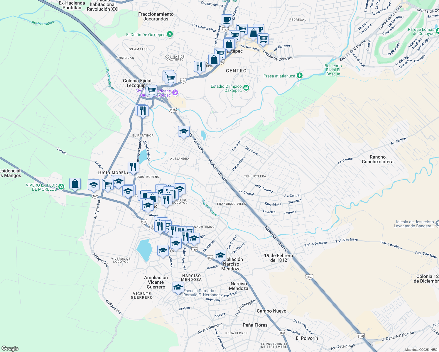 map of restaurants, bars, coffee shops, grocery stores, and more near Cocoyito in Cocoyoc
