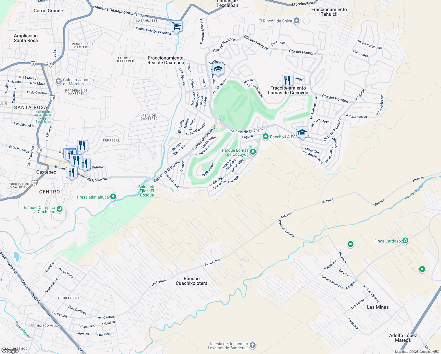 map of restaurants, bars, coffee shops, grocery stores, and more near Avenida del Lago in Fraccionamiento Lomas de Cocoyoc