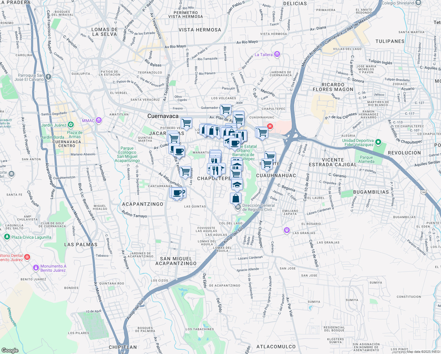 map of restaurants, bars, coffee shops, grocery stores, and more near 36 Calle Licenciado Isidro Fabela in Cuernavaca