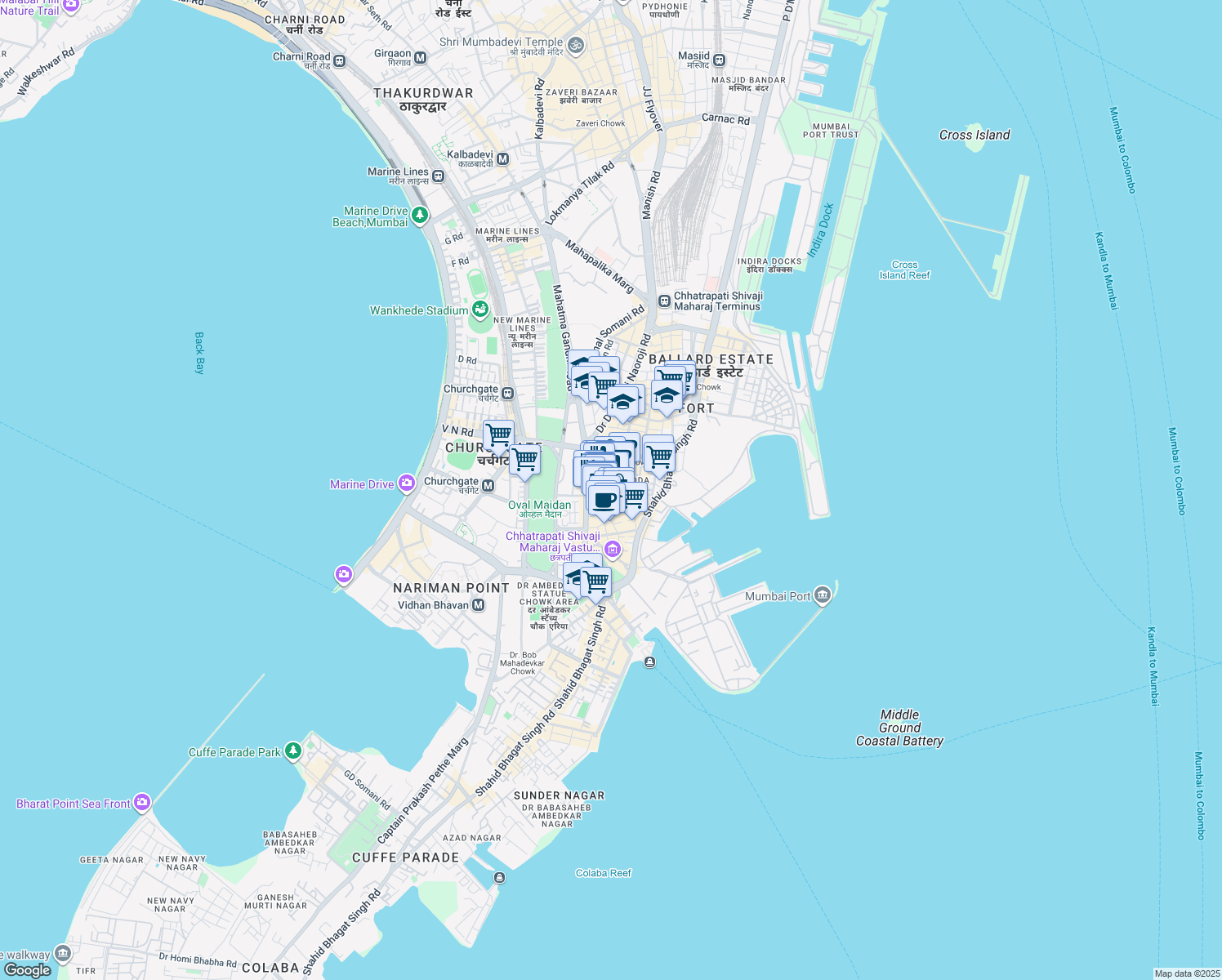 map of restaurants, bars, coffee shops, grocery stores, and more near 2 2nd Cross Lane in Mumbai