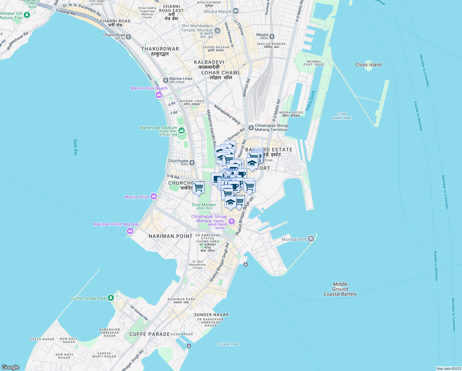 map of restaurants, bars, coffee shops, grocery stores, and more near Veer Nariman Road in Mumbai