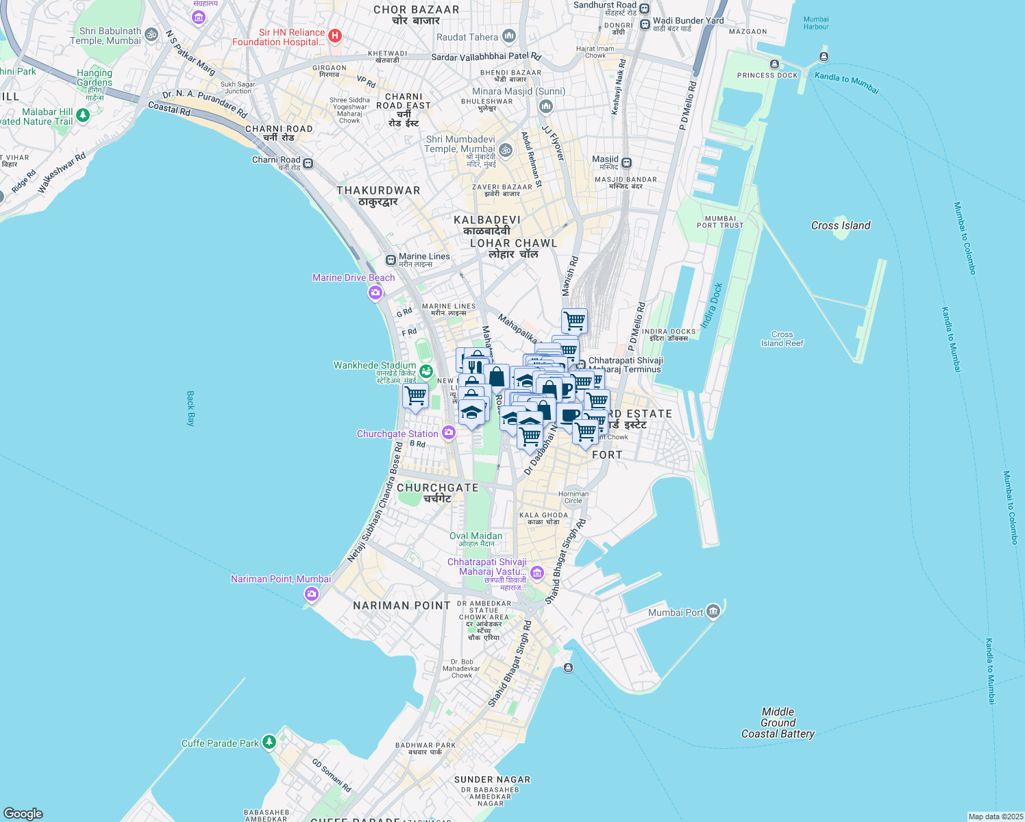 map of restaurants, bars, coffee shops, grocery stores, and more near Mahatma Gandhi Road in Mumbai