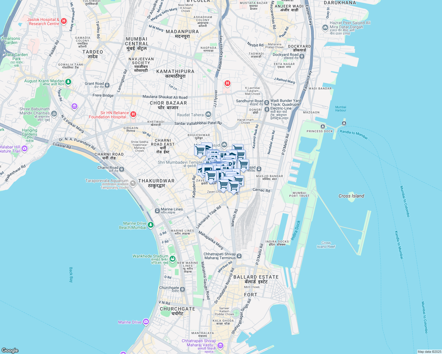 map of restaurants, bars, coffee shops, grocery stores, and more near Abdul Rehman Street in Mumbai