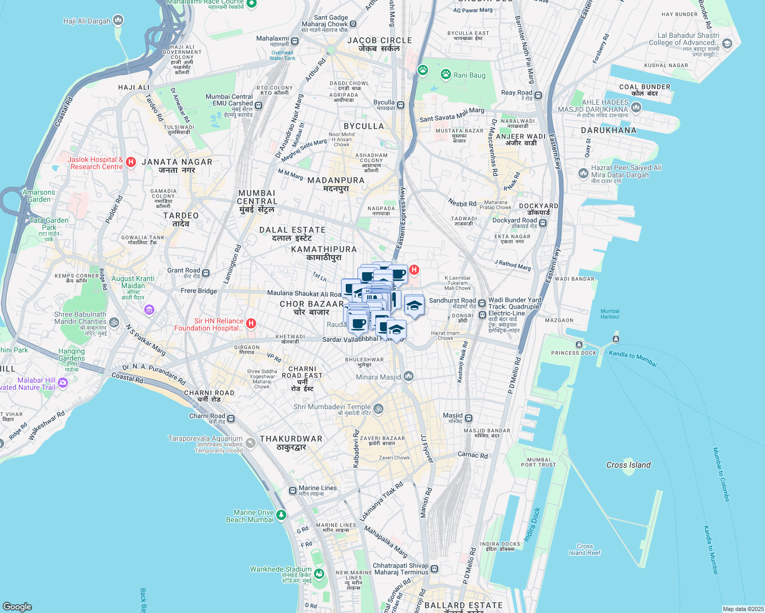 map of restaurants, bars, coffee shops, grocery stores, and more near Pakmodia Street in Mumbai