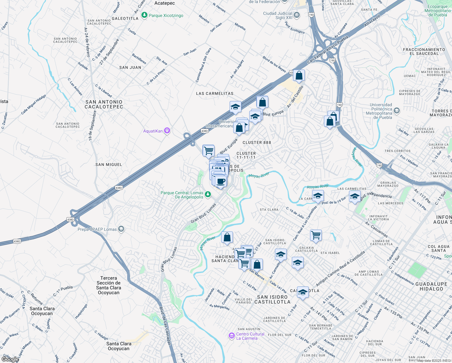 map of restaurants, bars, coffee shops, grocery stores, and more near 2 Paseo Opera in San Andrés Cholula