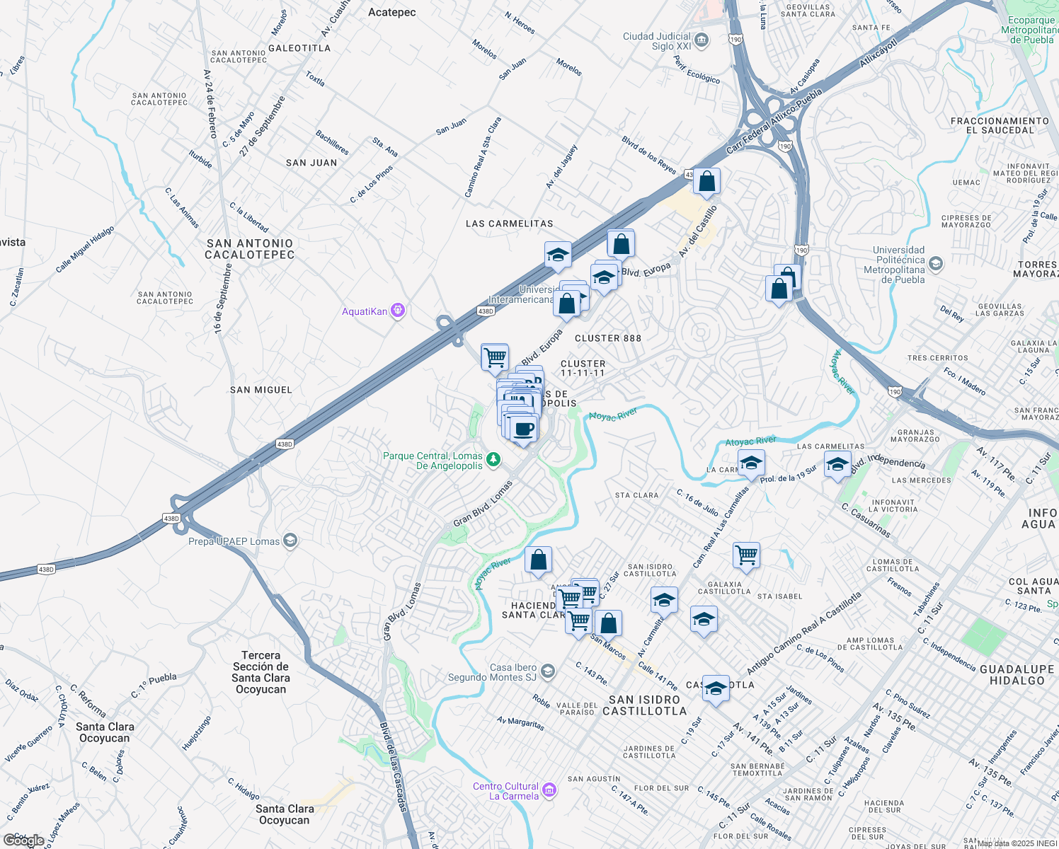 map of restaurants, bars, coffee shops, grocery stores, and more near 2 Paseo Opera in San Andrés Cholula