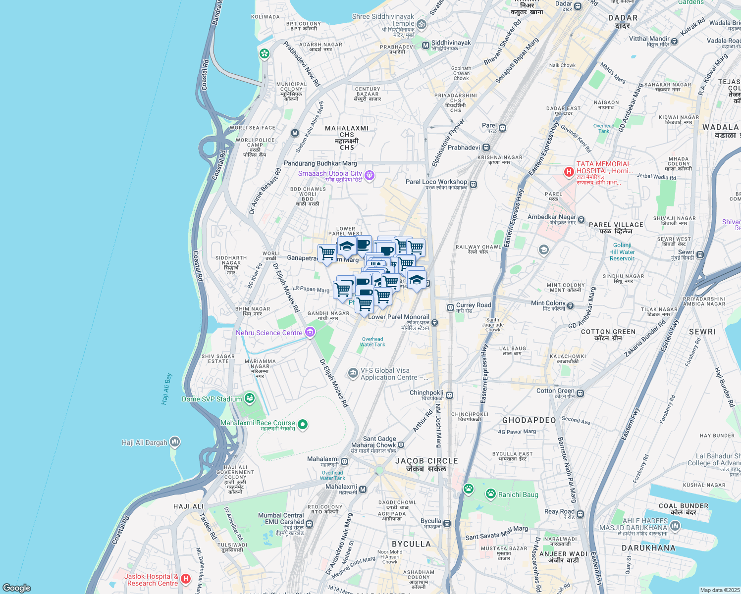 map of restaurants, bars, coffee shops, grocery stores, and more near 13 Senapati Bapat Marg in Mumbai