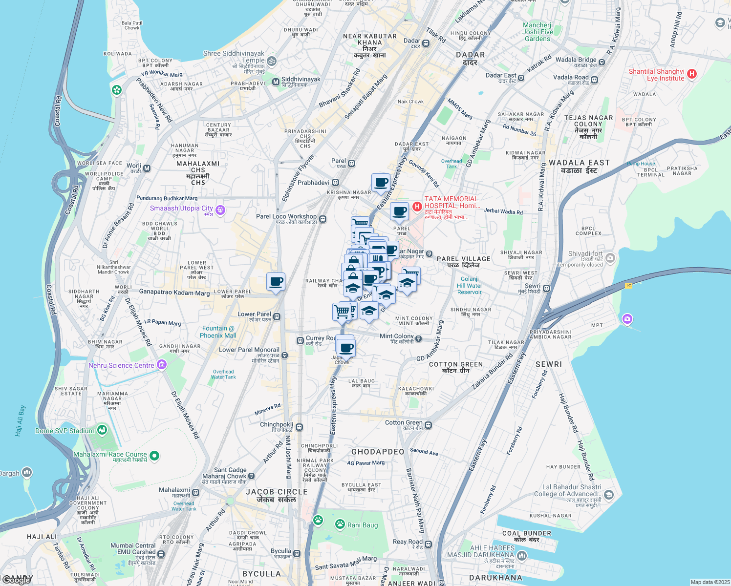 map of restaurants, bars, coffee shops, grocery stores, and more near 287 Doctor Baba Saheb Ambedkar Road in Mumbai
