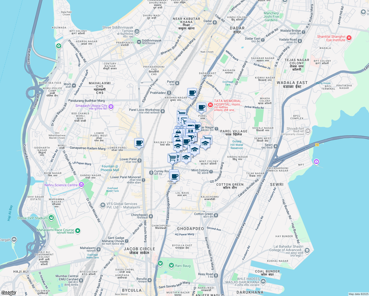 map of restaurants, bars, coffee shops, grocery stores, and more near 287 Doctor Baba Saheb Ambedkar Road in Mumbai