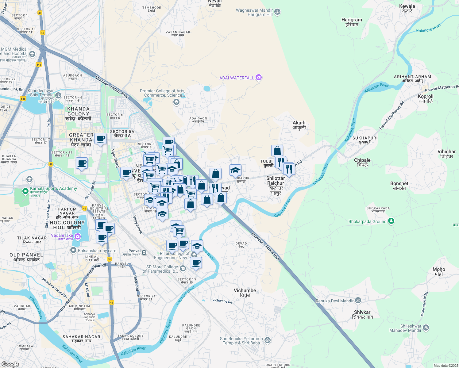 map of restaurants, bars, coffee shops, grocery stores, and more near 4 Panvel Matheran Road in Navi Mumbai