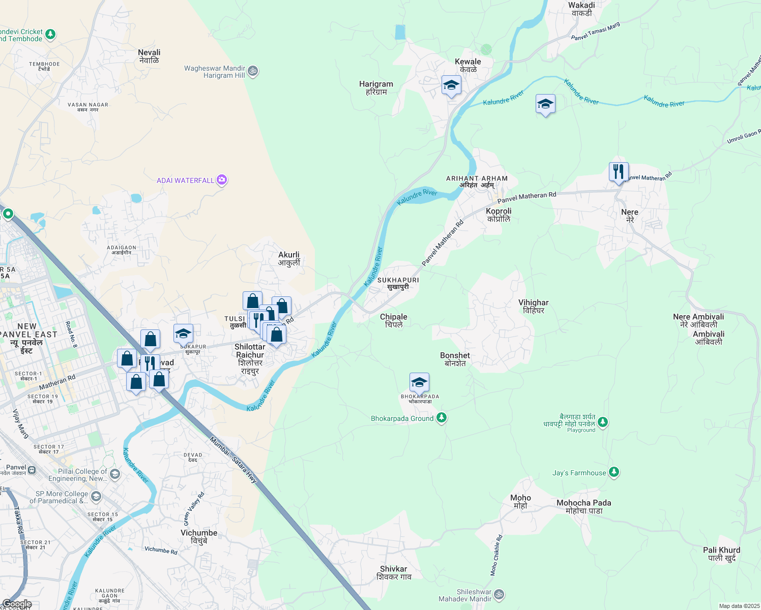 map of restaurants, bars, coffee shops, grocery stores, and more near Panvel Matheran Road in Navi Mumbai
