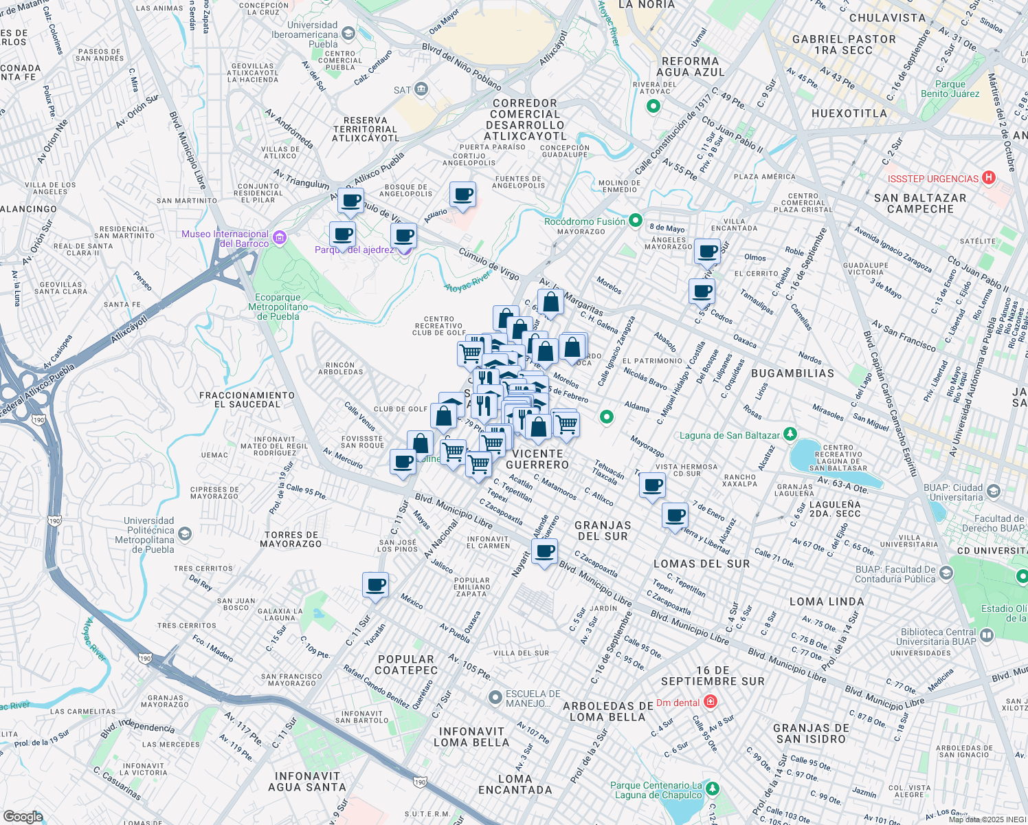 map of restaurants, bars, coffee shops, grocery stores, and more near Calle 13 B Sur in Heroica Puebla de Zaragoza