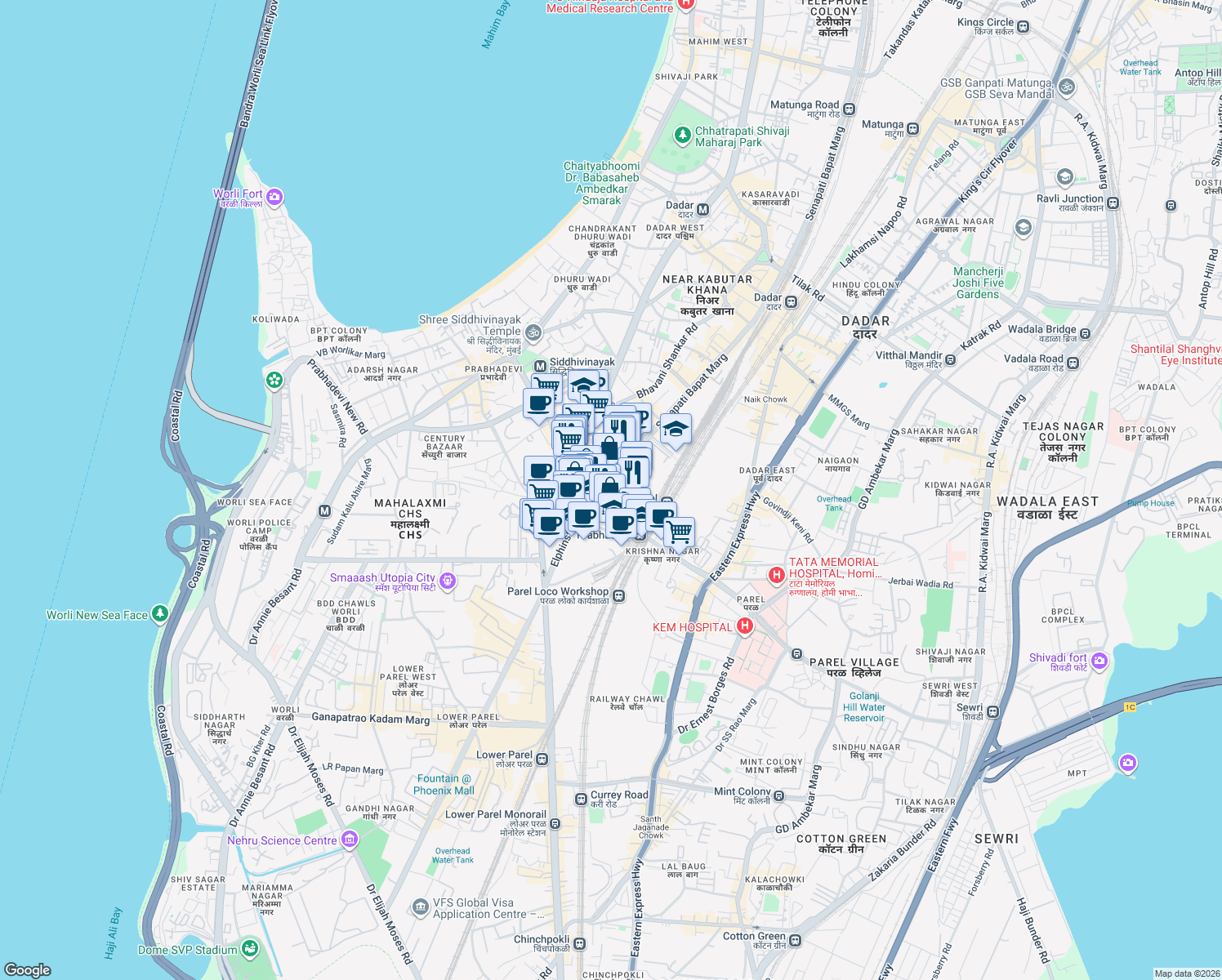 map of restaurants, bars, coffee shops, grocery stores, and more near Senapati Bapat Marg in Mumbai