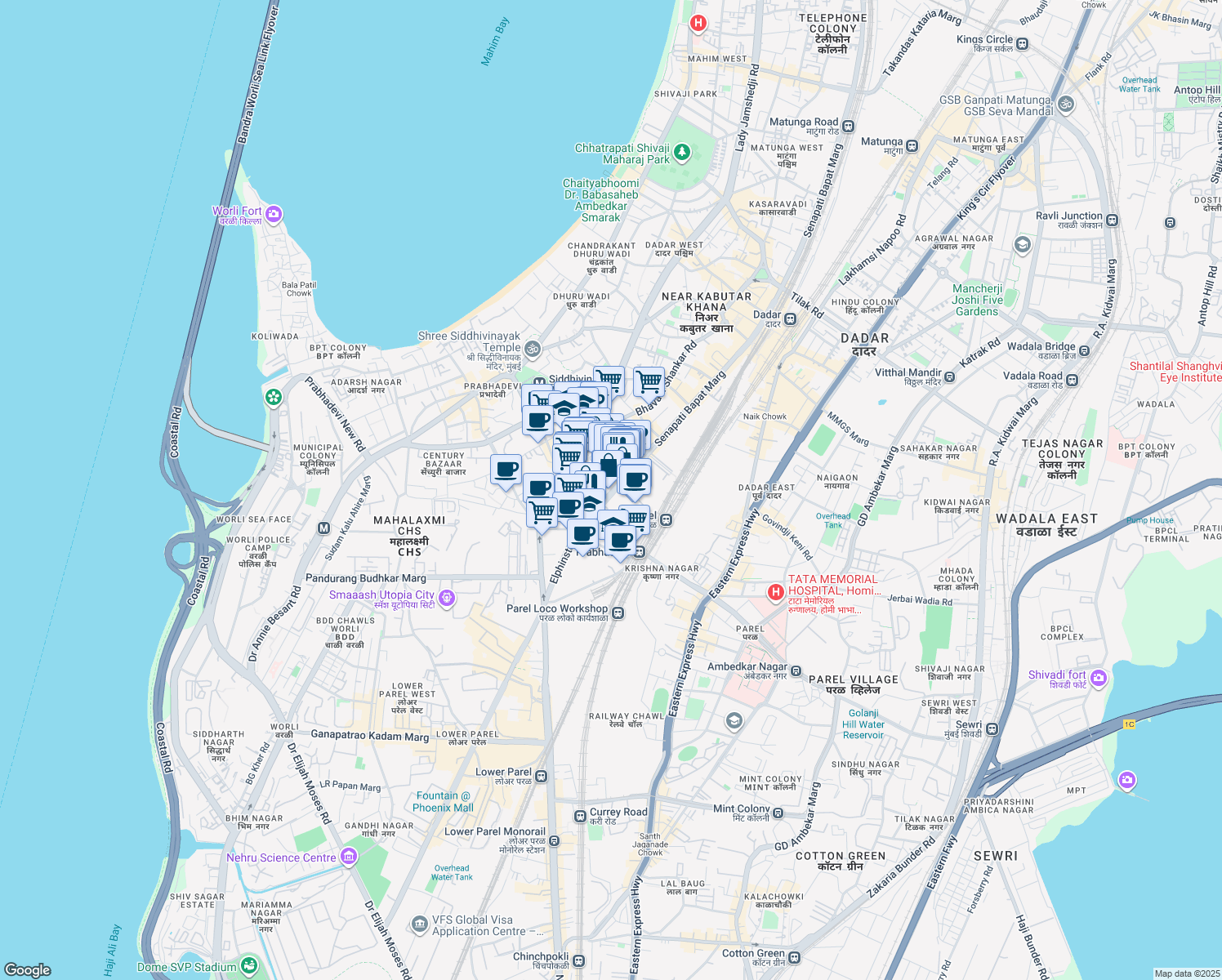 map of restaurants, bars, coffee shops, grocery stores, and more near 13 Senapati Bapat Marg in Mumbai