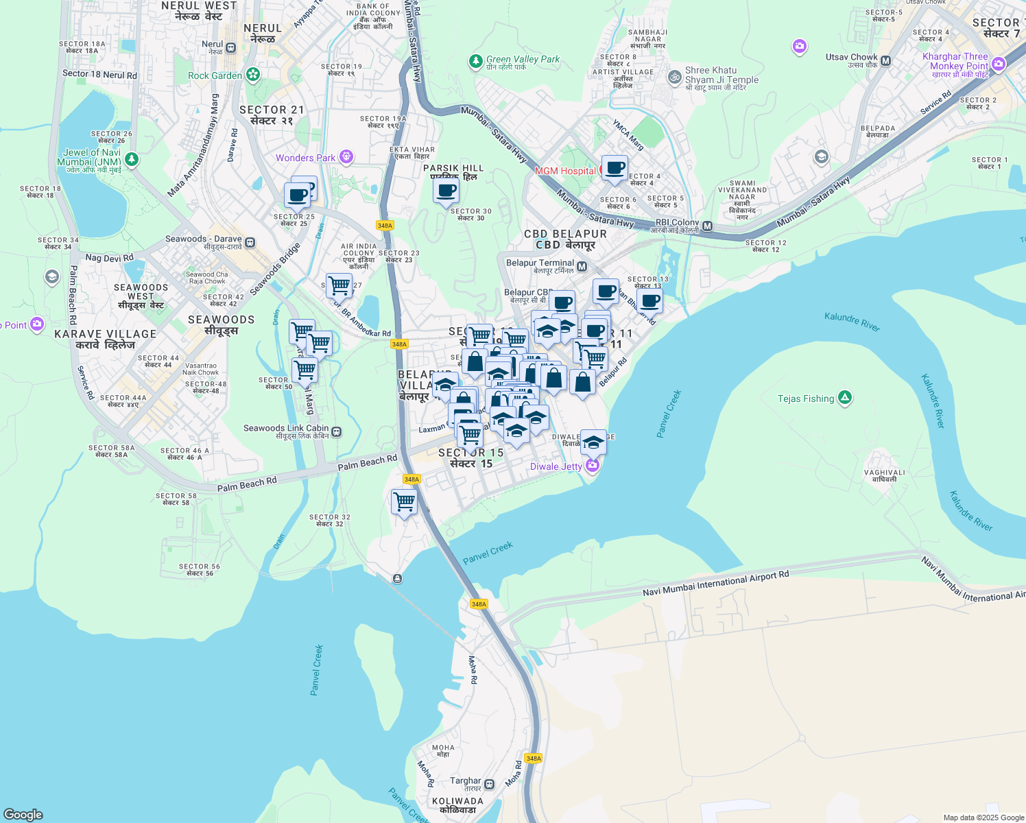 map of restaurants, bars, coffee shops, grocery stores, and more near Laxman Gana Mukadam Marg in Navi Mumbai