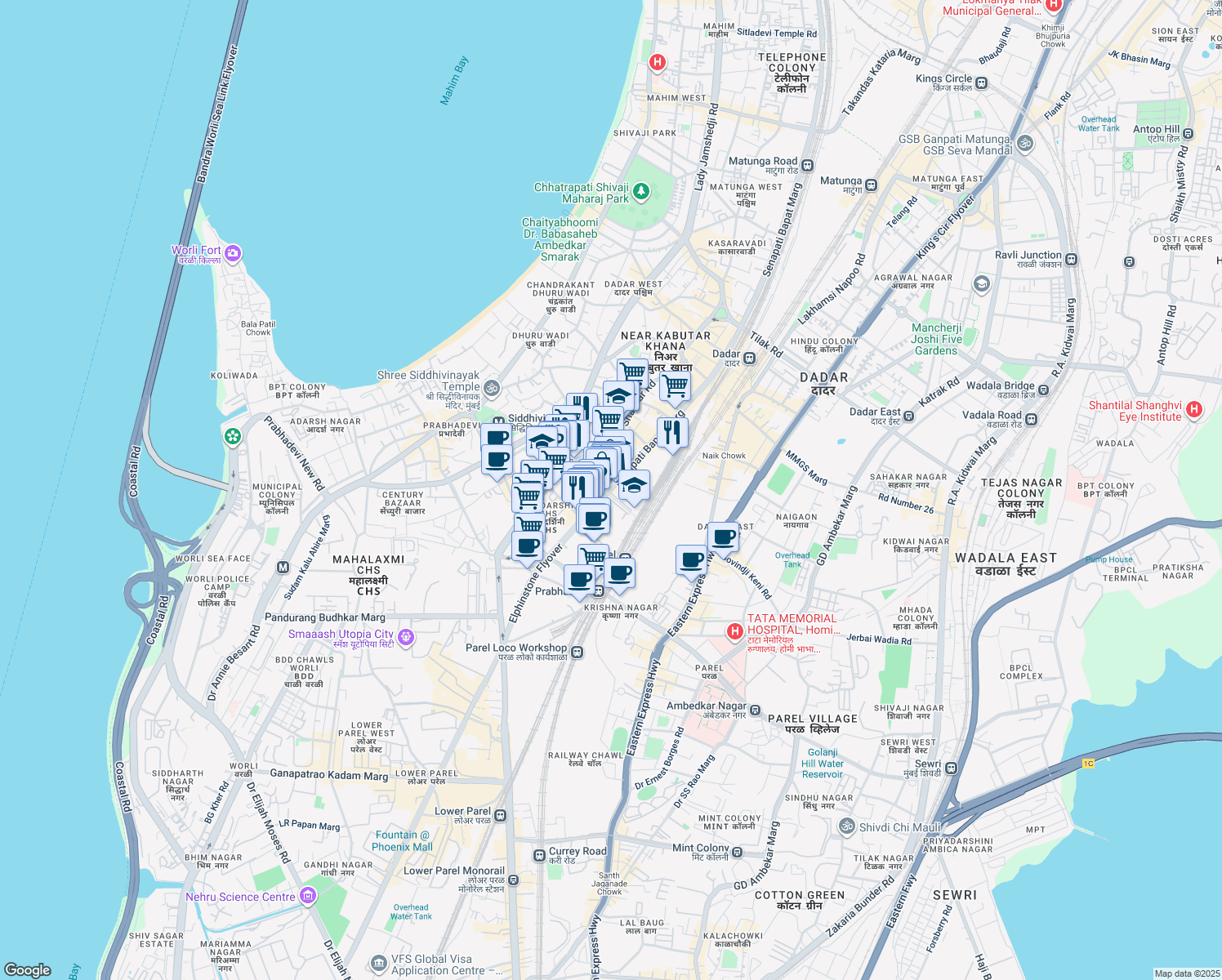 map of restaurants, bars, coffee shops, grocery stores, and more near Senapati Bapat Marg in Mumbai