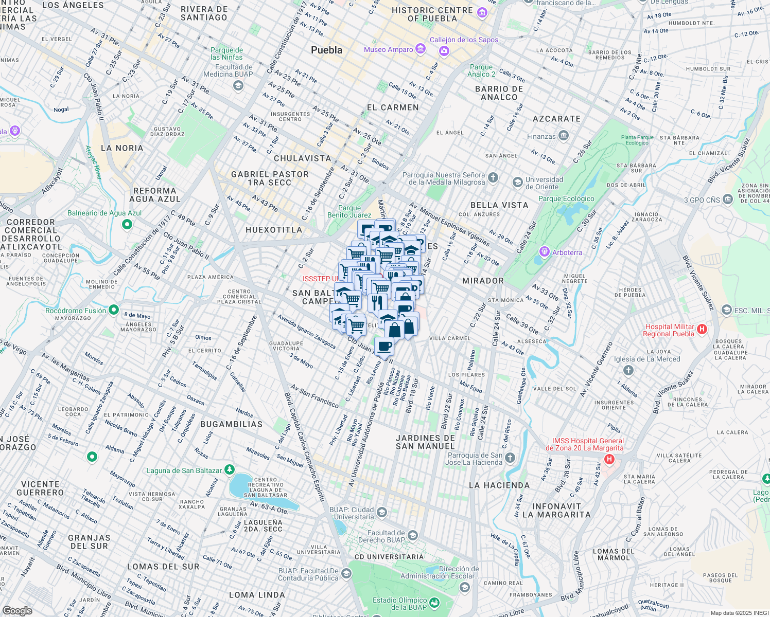 map of restaurants, bars, coffee shops, grocery stores, and more near 816 Eduardo Cue Merlo in Puebla